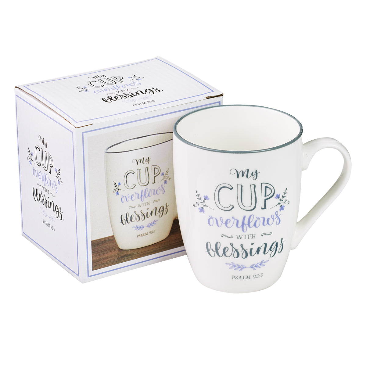 Ceramic Mug: My Cup Overflows With Blessings, White/Grey-Blue (Psalm 23:5)