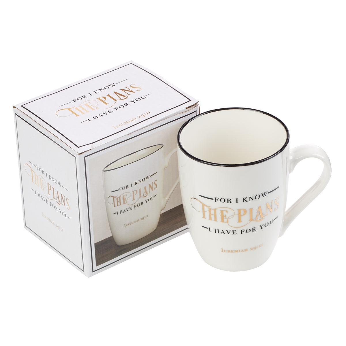 Ceramic Mug: For I Know the Plans I Have For You, White/Gold Foiled (Jer 29:11)