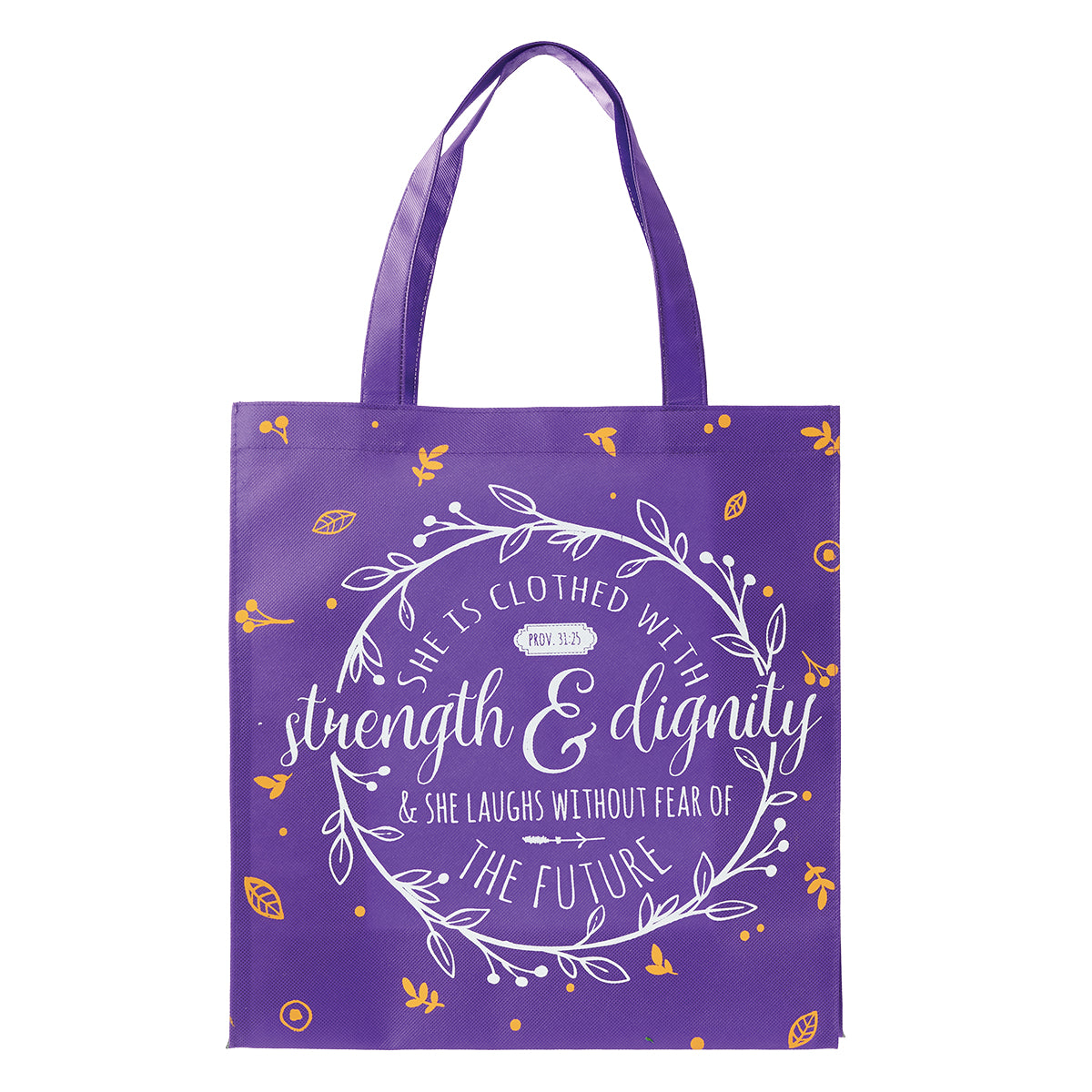 Reusable Tote Bag: She is Clothed With Strength & Dignity....Purple/White/Orange