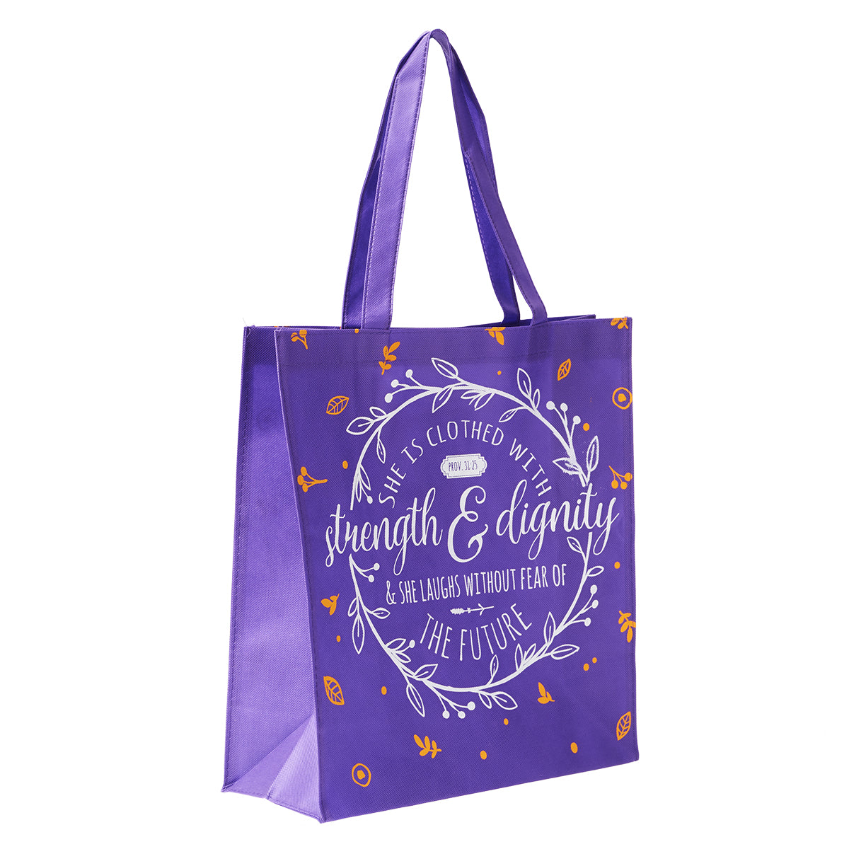 Reusable Tote Bag: She is Clothed With Strength & Dignity....Purple/White/Orange