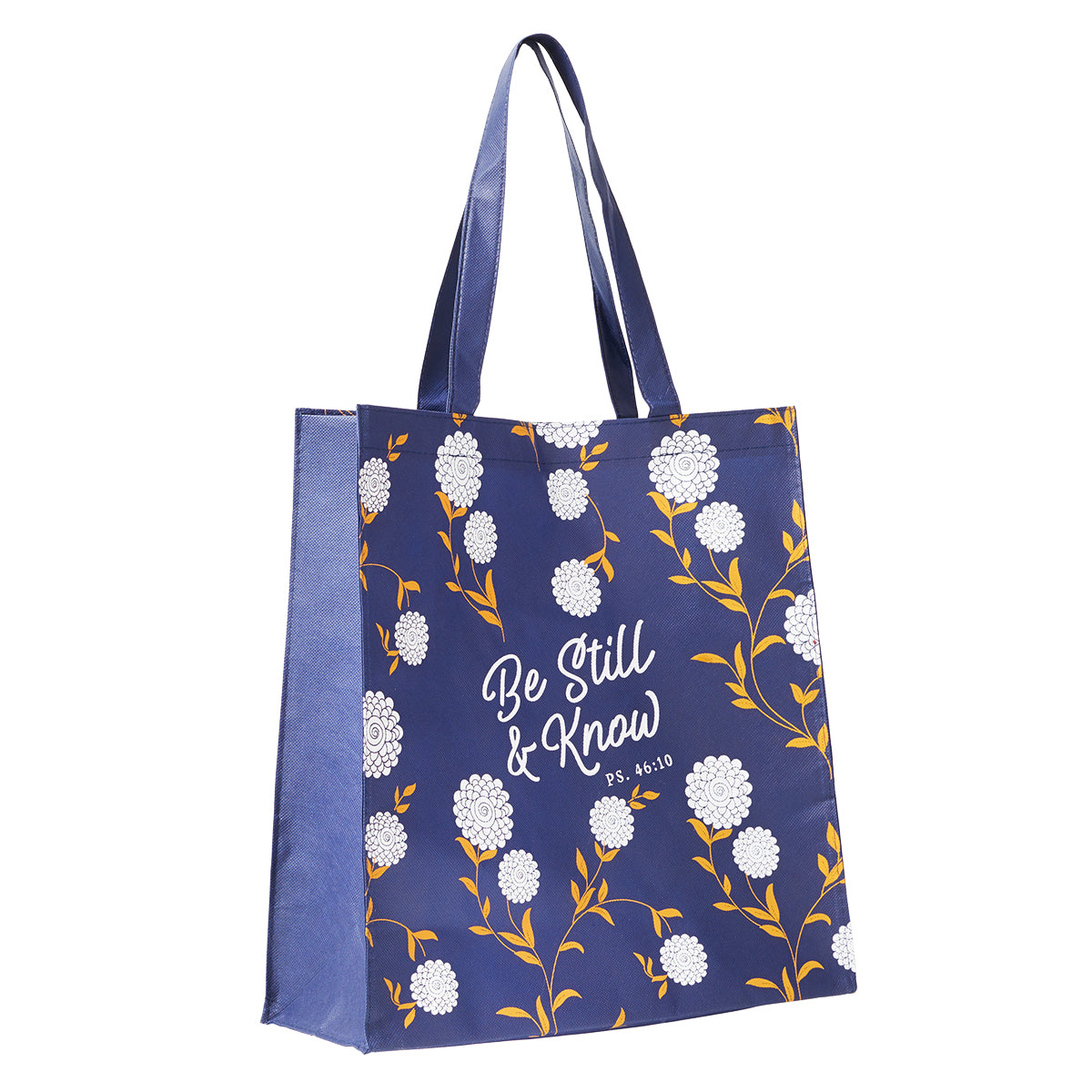 Reusable Tote Bag: Be Still & Know, Navy Floral (Psalm 46:10)
