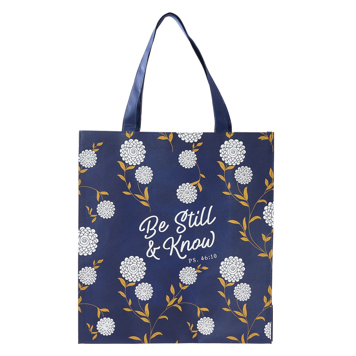 Reusable Tote Bag: Be Still & Know, Navy Floral (Psalm 46:10)