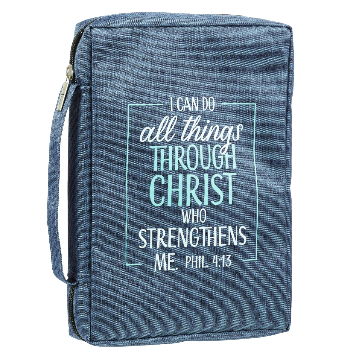 Bible Cover Poly Canvas Large: All Things Through Christ, Denim, Carry Handle