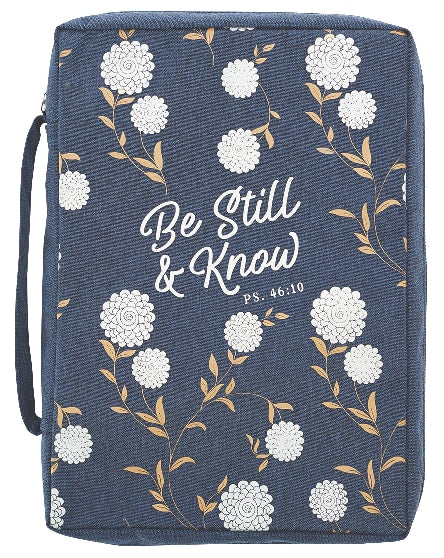 Bible Cover Poly Canvas Large: Be Still & Know, Navy/White Cotton Flowers, Carry Handle