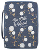 Bible Cover Poly Canvas Large: Be Still & Know, Navy/White Cotton Flowers, Carry Handle