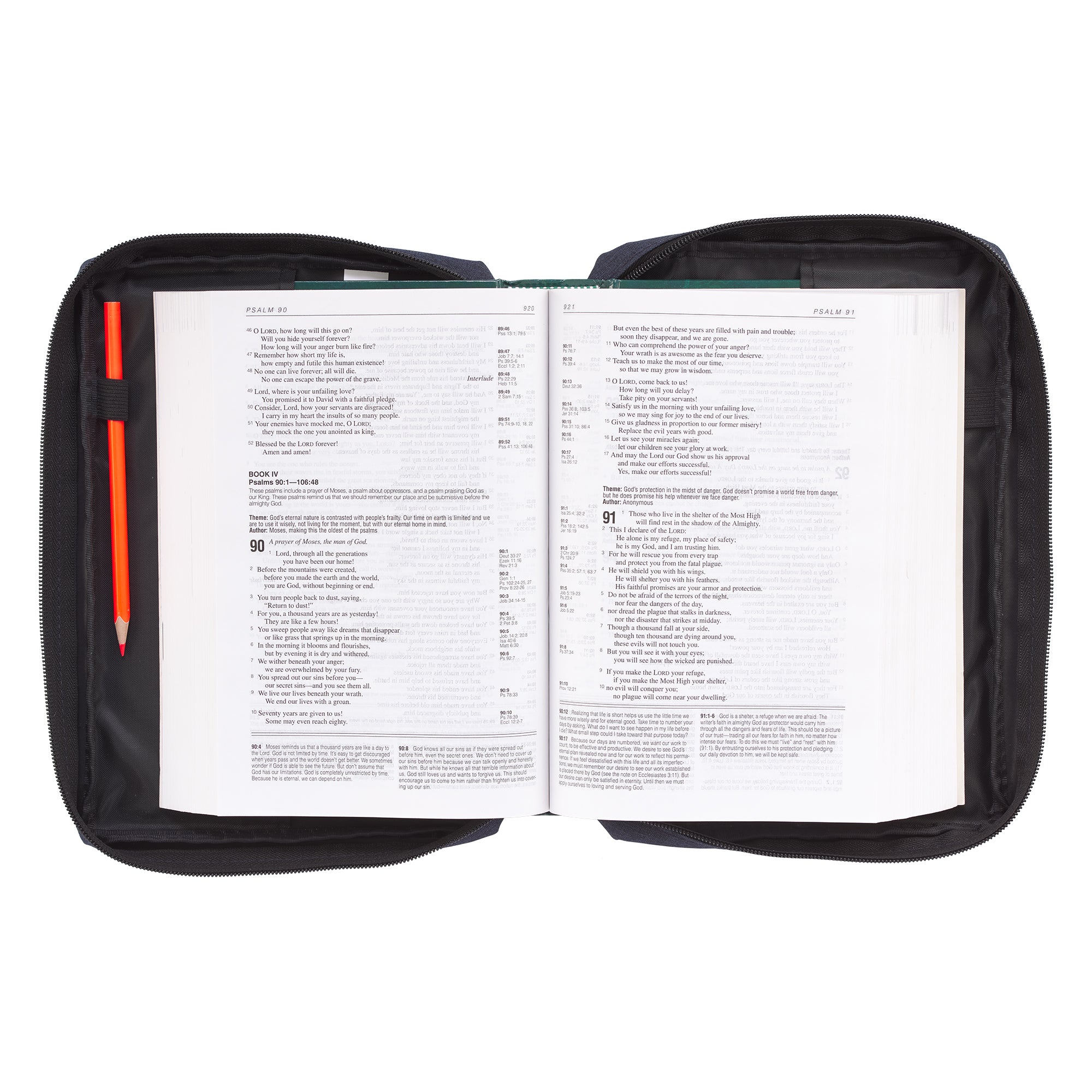 Bible Cover Poly Canvas Large: Be Still & Know, Navy/White Cotton Flowers, Carry Handle