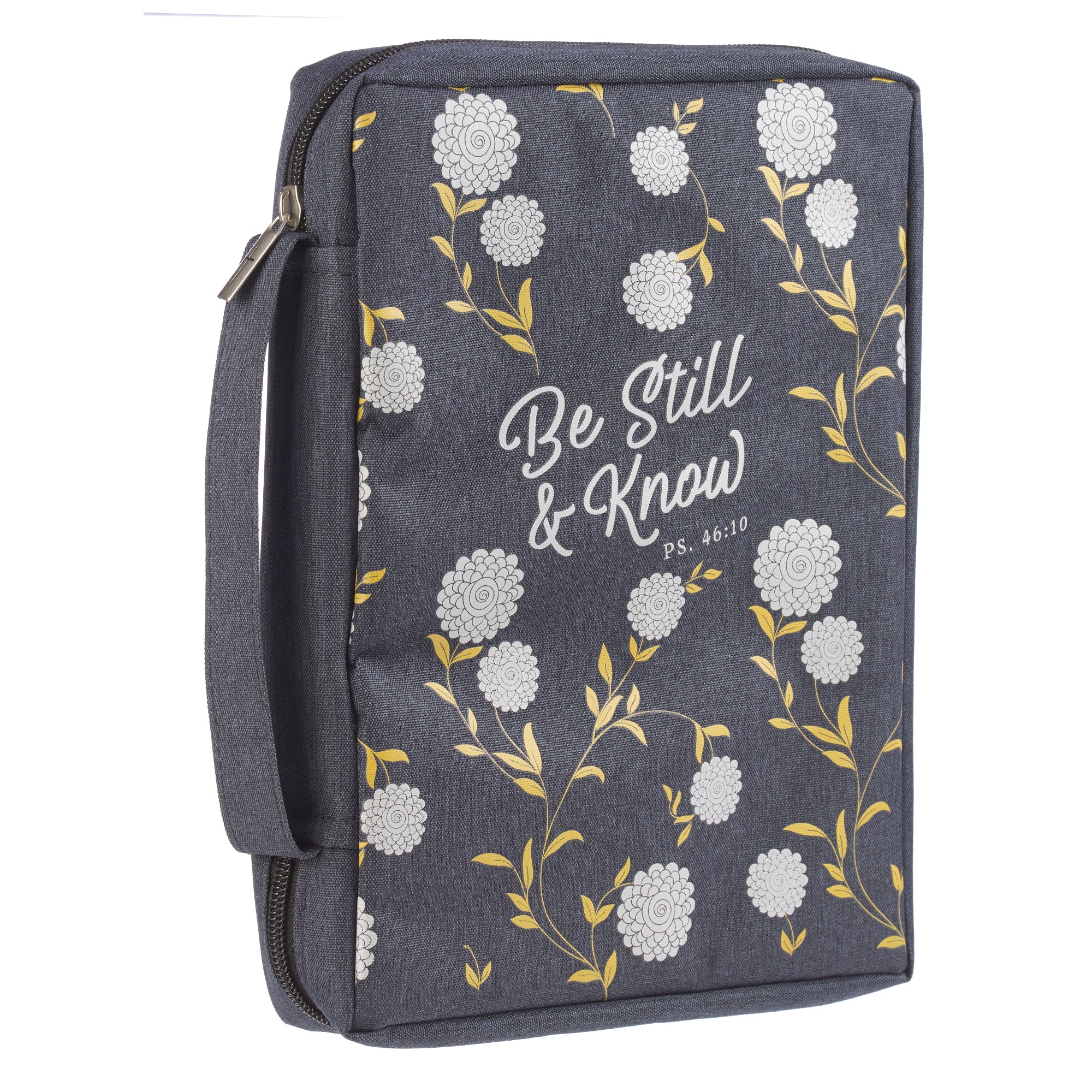 Bible Cover Poly Canvas Medium: Be Still & Know, Navy/White Cotton Flowers, Carry Handle