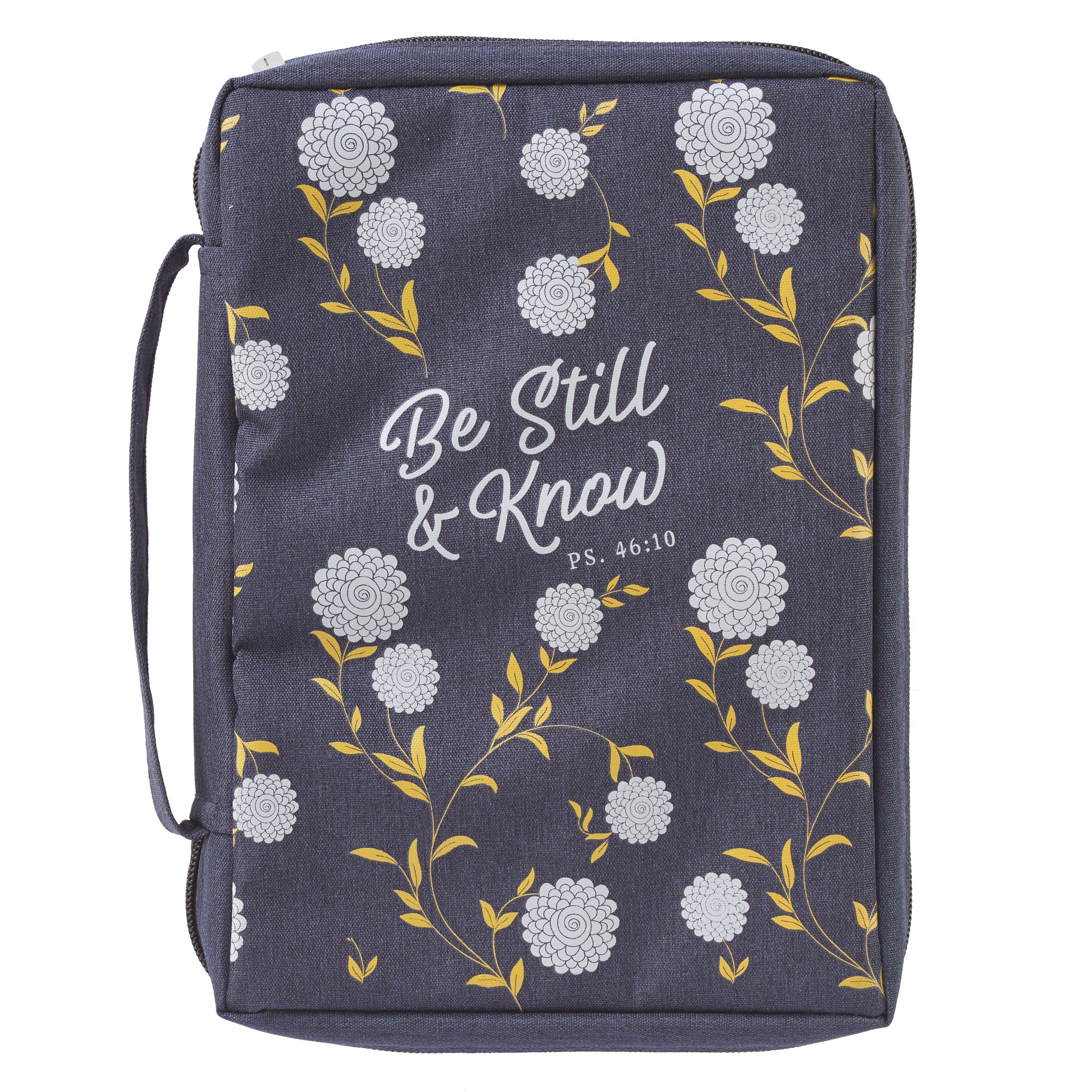 Bible Cover Poly Canvas Medium: Be Still & Know, Navy/White Cotton Flowers, Carry Handle