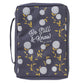 Bible Cover Poly Canvas Medium: Be Still & Know, Navy/White Cotton Flowers, Carry Handle