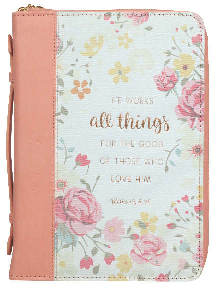 Bible Cover Trendy Large He Works All Things For the Good...Peach/Floral (Romans 8: 28)