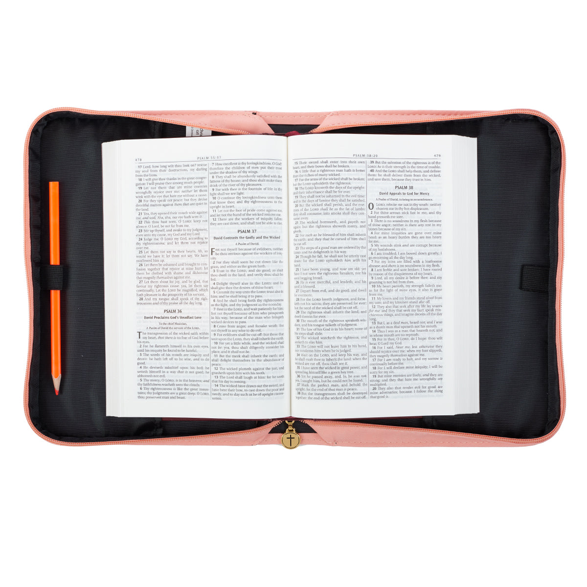 Bible Cover Trendy Medium, He Works All Things For the Good....Peach/Floral Luxleather (Romans 8: 28)