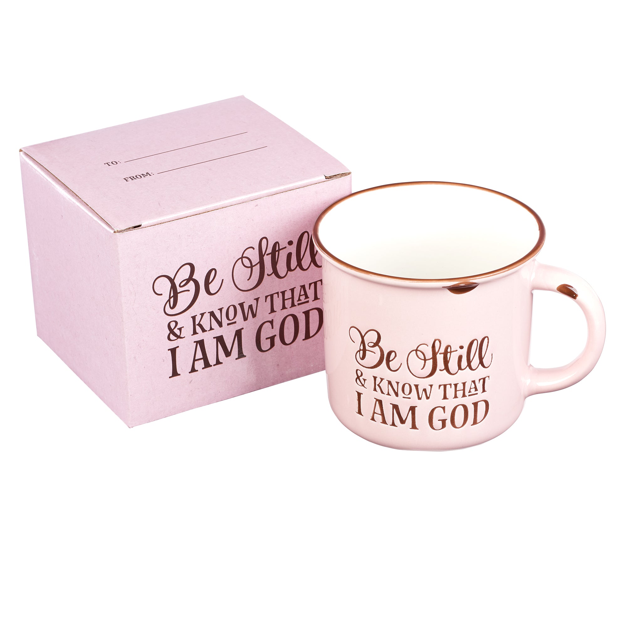 Camp Style Ceramic Mug: Be Still and Know....Pink/White (Psalm 46:10)