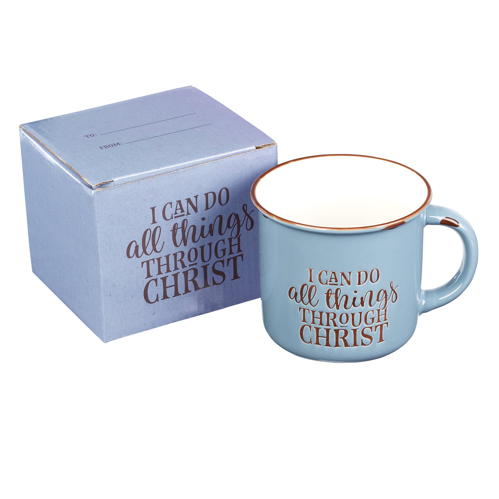 Camp Style Ceramic Mug: I Can Do All Things Through Christ, Blue/White (Phil 4:13)