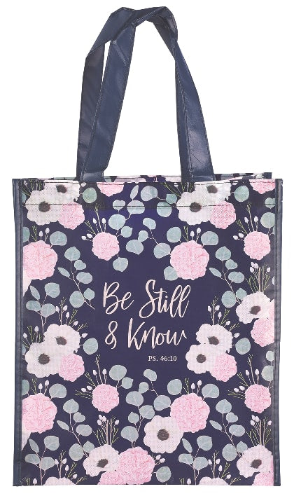 Reusable Tote Bag: Be Still & Know, Navy/Floral (Psalm 46:10)