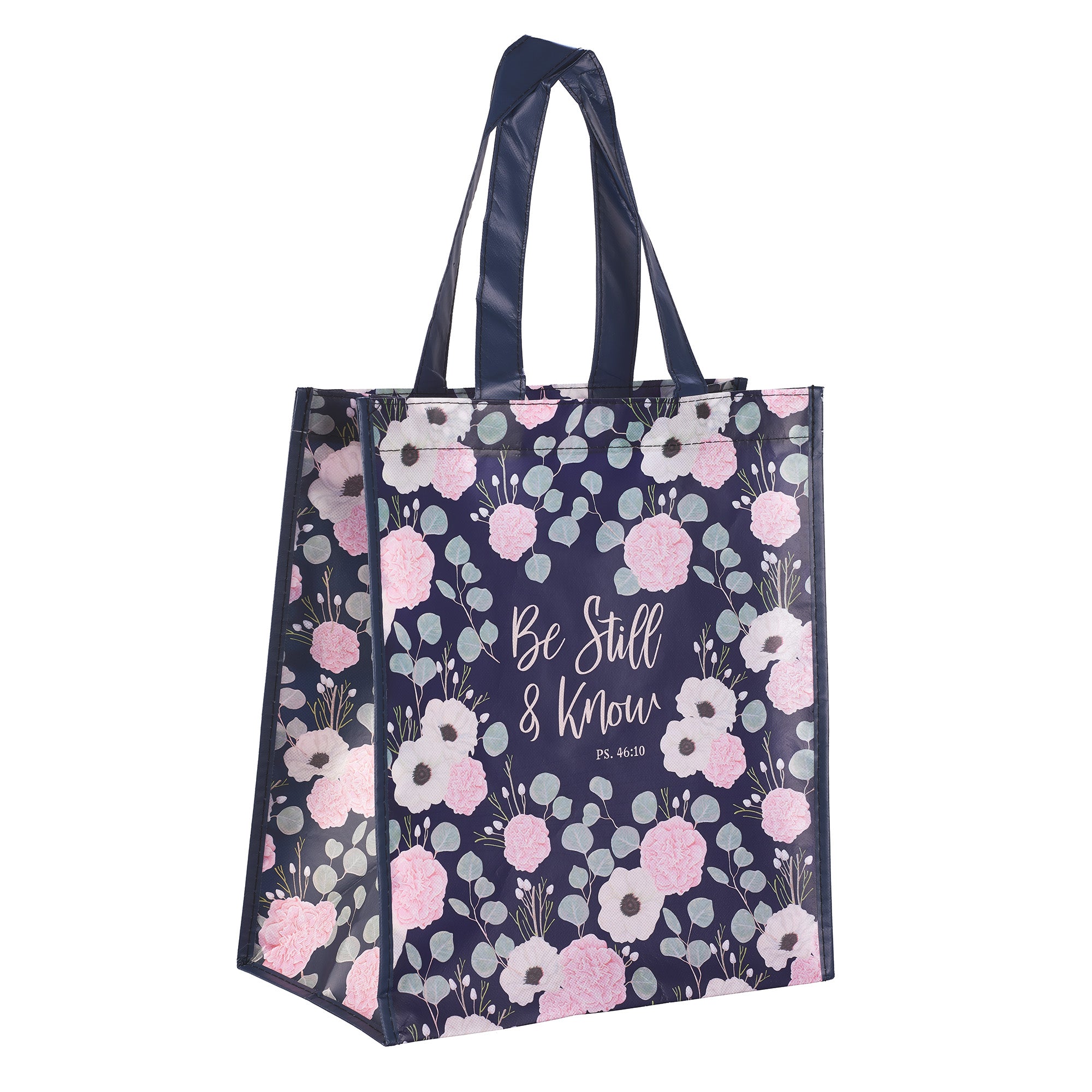 Reusable Tote Bag: Be Still & Know, Navy/Floral (Psalm 46:10)