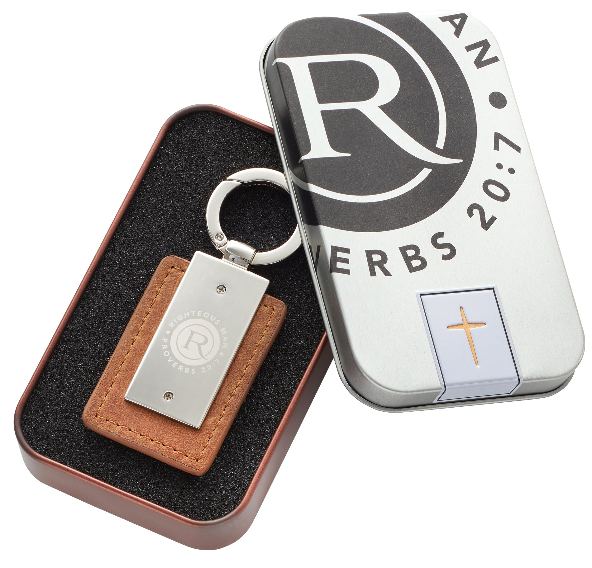 Keyring in Tin: Righteous Man, Brown/Silver (Proverbs 20:7)