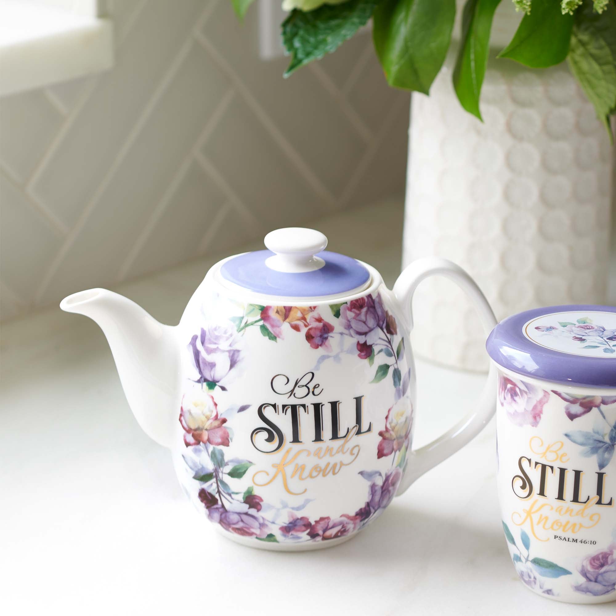 Ceramic Teapot: Be Still and Know, Purple Floral (Ps 46:10) 946 ml (Be Still And Know Collection)