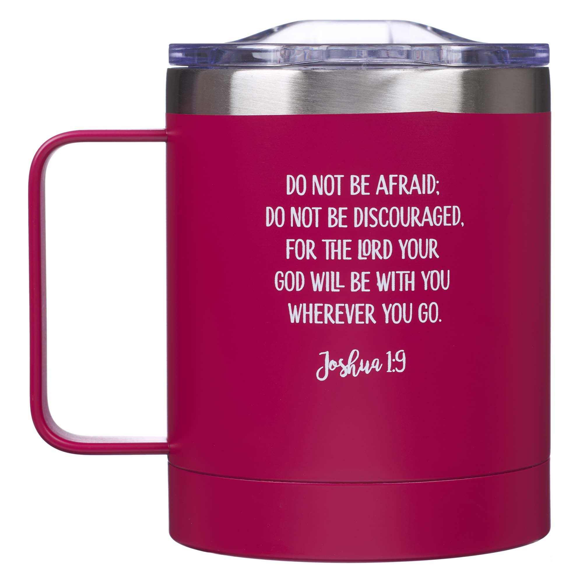 Camp Style Stainless Steel Mug: Be Strong & Courageous (Jos 1:9) Magenta (325ml)