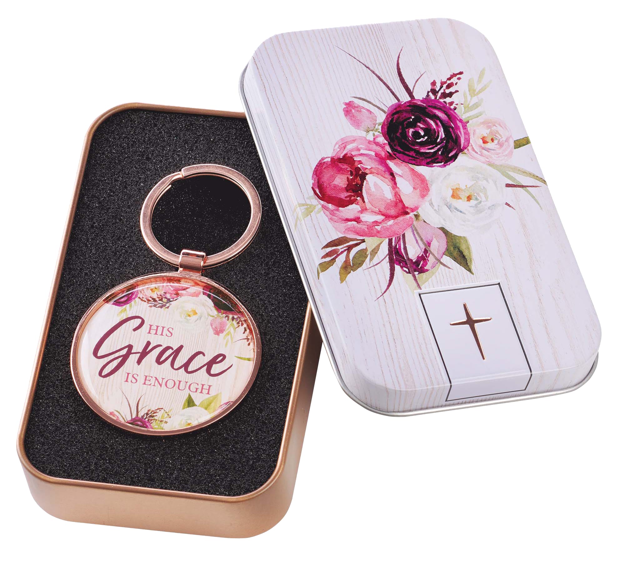 Keyring in Tin: Grace Burgundy Rose Gold (2 Cor 12:9) (His Grace Is Enough Collection)