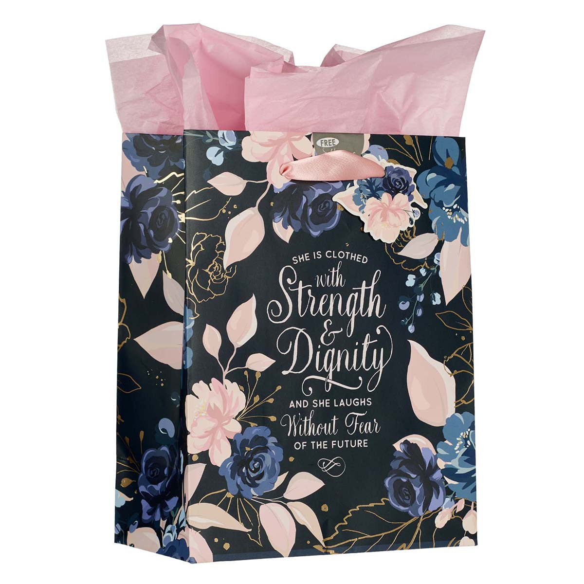 Gift Bag Medium: She is Clothed With Strength Navy/Pink (Prov 31:25)