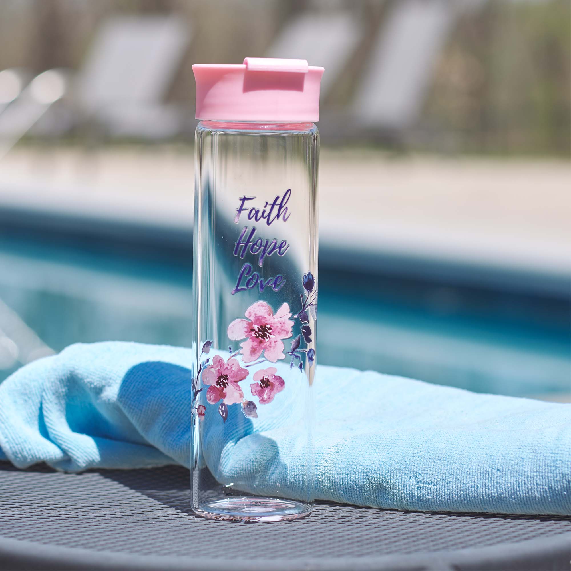 Water Bottle, Clear Glass (591 ml): Faith Hope Love, Pink, Hand Wash, Gift Boxed