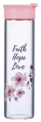 Water Bottle, Clear Glass (591 ml): Faith Hope Love, Pink, Hand Wash, Gift Boxed