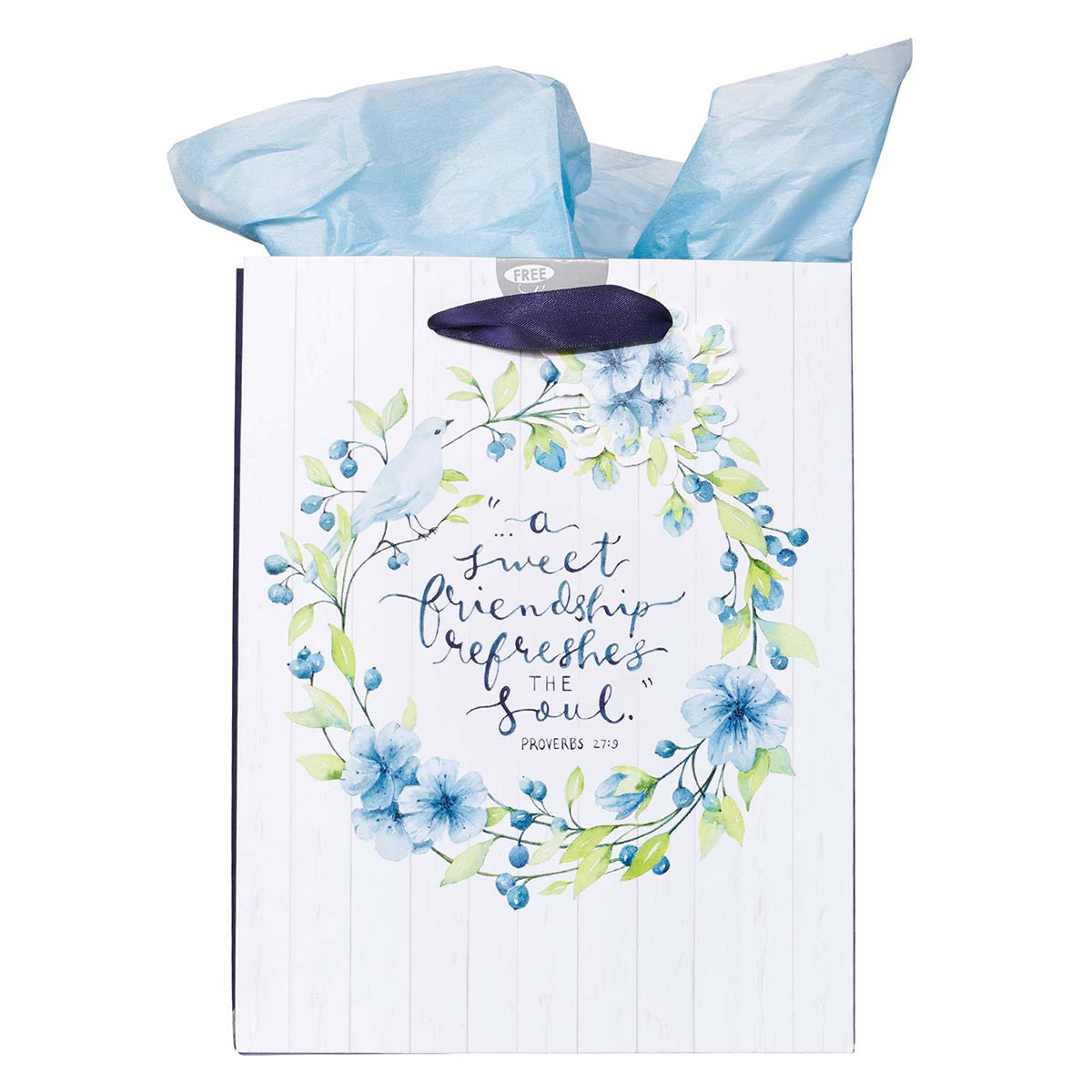 Gift Bag, Medium Blue Flowers and Bird, Includes Tissue and Gift Tag (Proverbs 27: 9) (Sweet Friendship Collection)