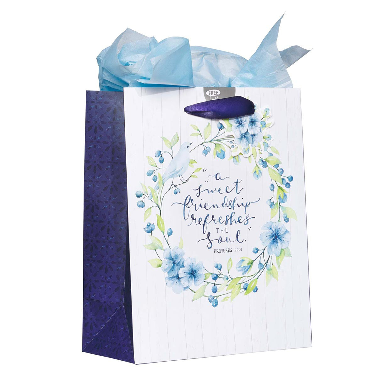 Gift Bag, Medium Blue Flowers and Bird, Includes Tissue and Gift Tag (Proverbs 27: 9) (Sweet Friendship Collection)