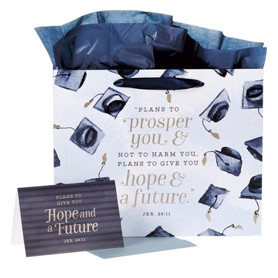 Gift Bag Inludes 1 Sheet of Tissue Paper & Gift Card, White With Navy Graduation Hats (Jer 29: 11) (Graduation Collection)