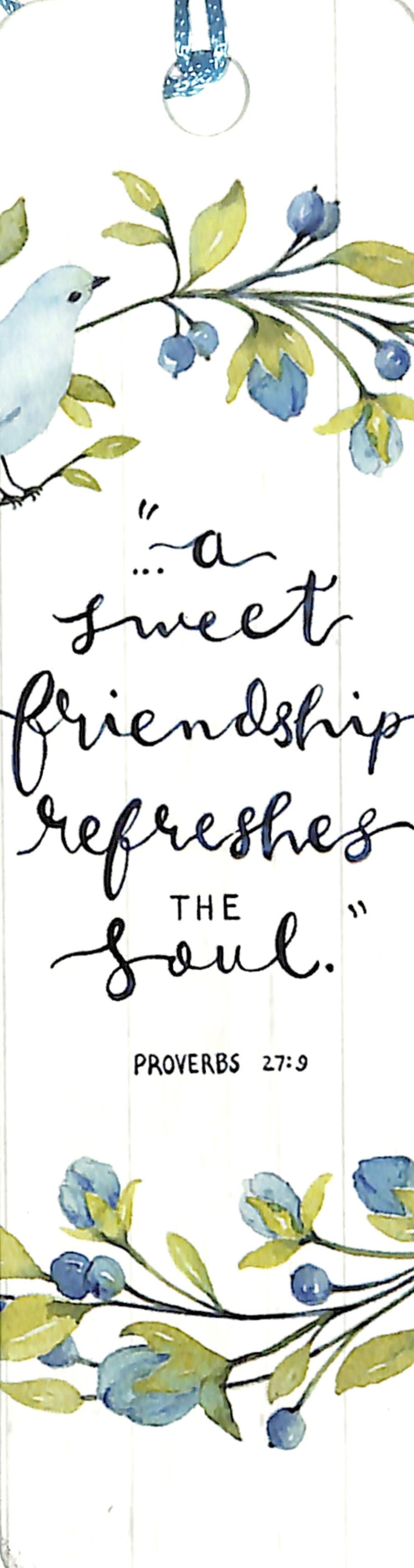 Bookmark With Tassel White With Blue Flowers and Bird, Blue Tassel (Proverbs 27: 9) (Sweet Friendship Collection)