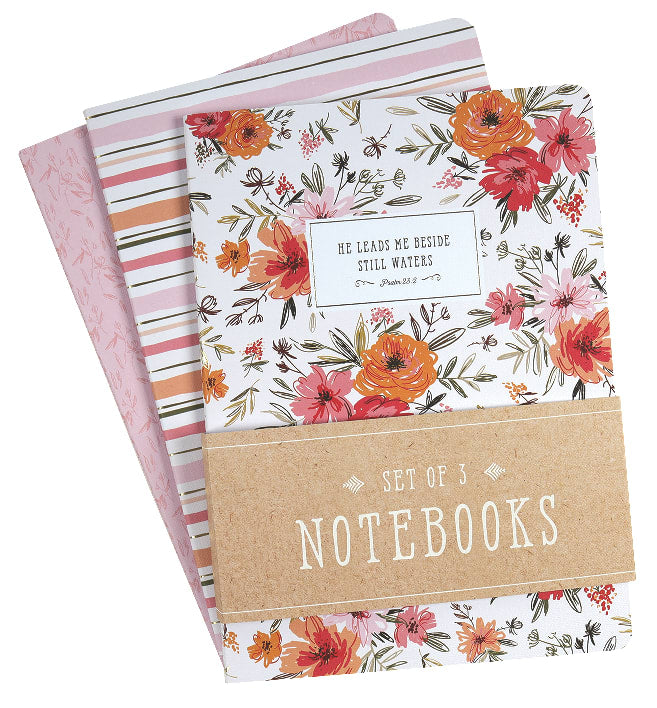 Notebook: He Leads Me Besides, Pink Floral (Set Of 3)