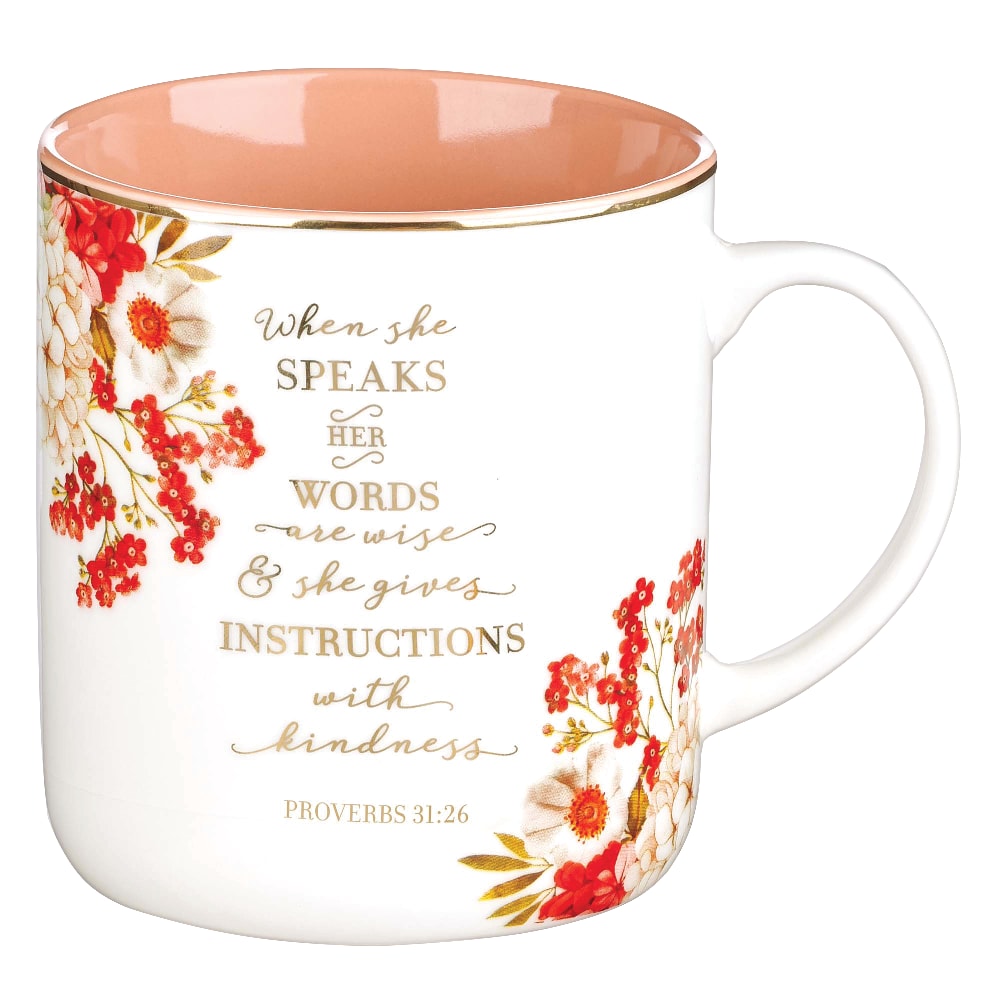 Ceramic Mug When She speaks, Proverbs 31: 26, earthy pink and red floral, foil accents (When She Speaks Collection)