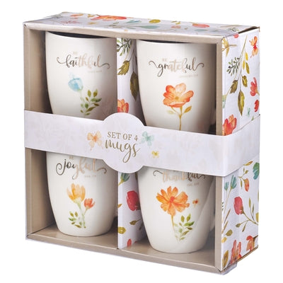 Ceramic Mugs (Set of 4) 355ml: Floral, Faithful Grateful Thankful Joyful (Grateful Collection)