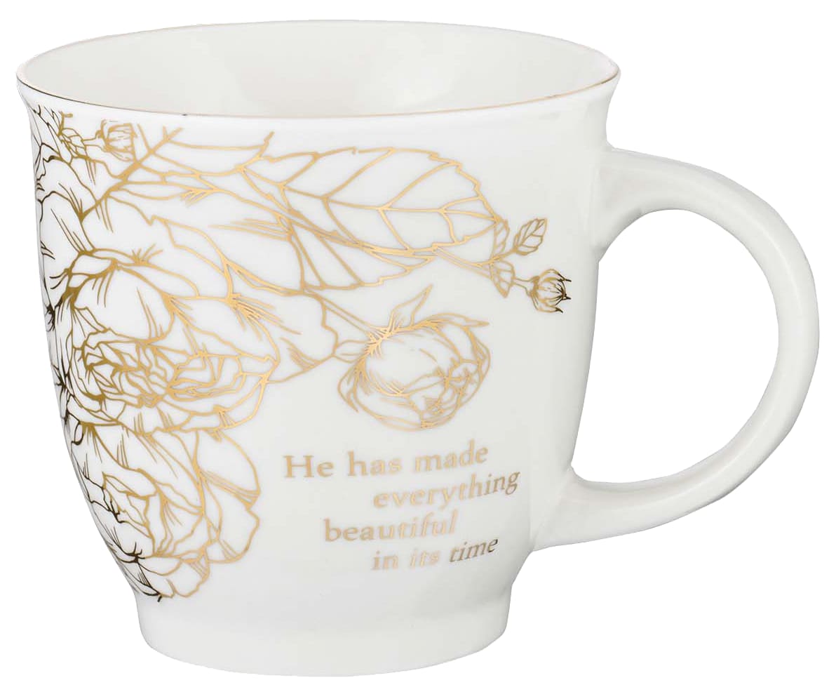 Ceramic Mugs (set of 2): Floral Blue & White With Gold (The Lord, He Has Made) (414 ml)