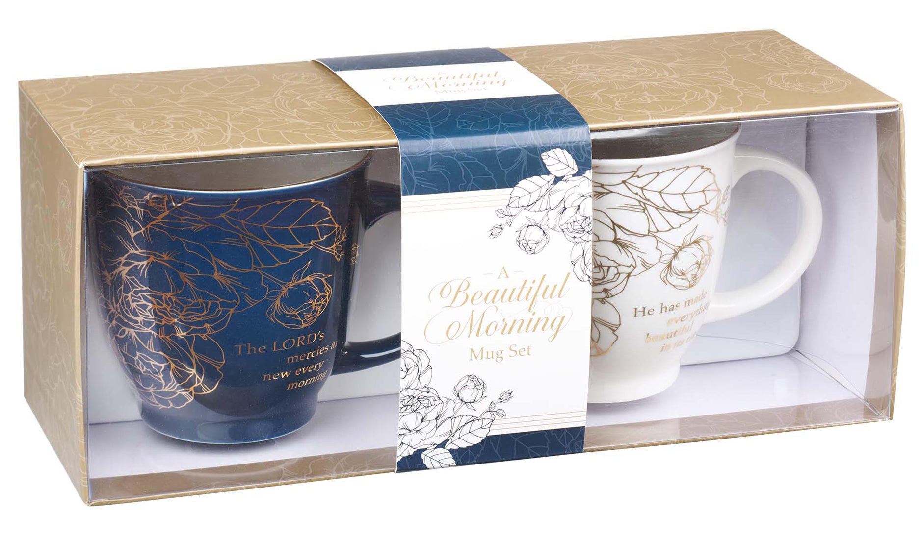 Ceramic Mugs (set of 2): Floral Blue & White With Gold (The Lord, He Has Made) (414 ml)