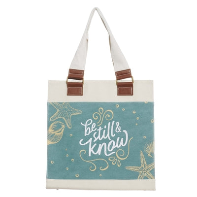 Canvas Tote Bag- Be Still and Know, Blue Sea, Magnetic Closure (Be Still Collection)