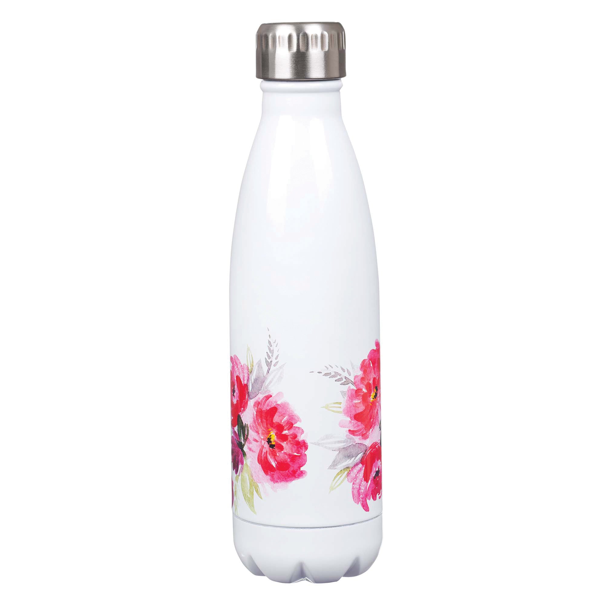 Water Bottle, Stainless SteelBe Still and Know, White Floral With Silver Cap