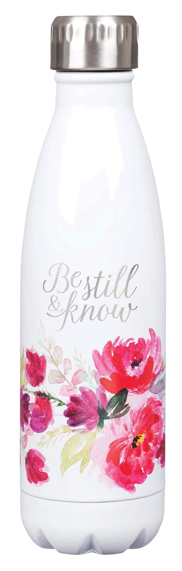 Water Bottle, Stainless SteelBe Still and Know, White Floral With Silver Cap