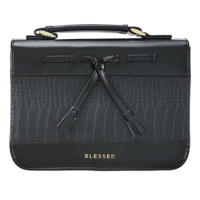 Bible Cover Large: Blessed, Black Croc With Bow