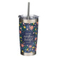 Stainless Steel Travel Mug With Straw: Everything Beautiful (Ecc. 3:11) Navy Floral (591 Ml)