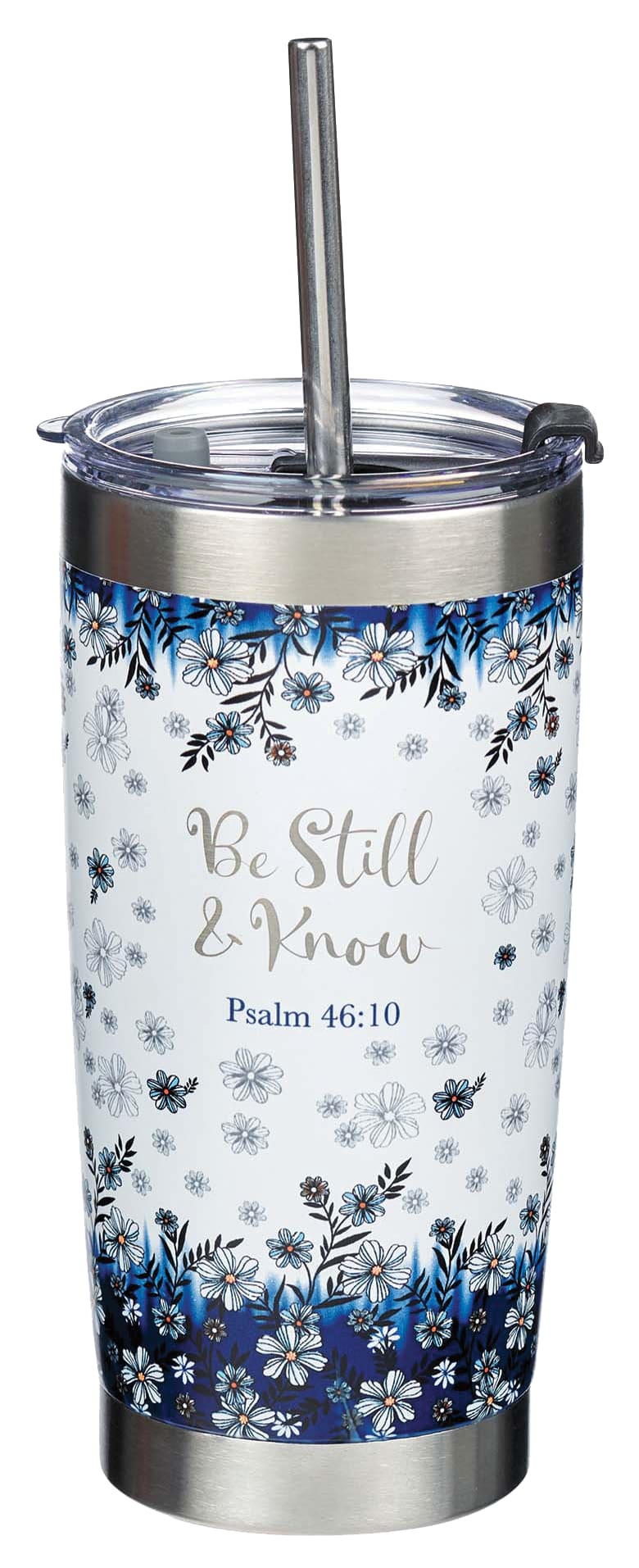 Stainless Steel Travel Mug With Straw: Be Still (Psalm 46:10) Blue/Navy (532 Ml)