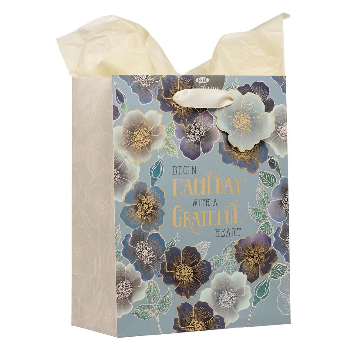 Gift Bag Medium: Begin Each Day With a Grateful Heart, Blue Floral