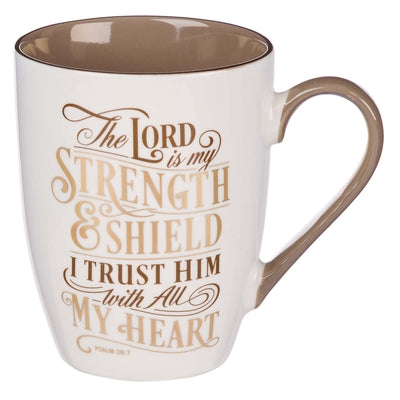 Ceramic Mug: The Lord is My Strength (Psalm 28:7) mushroom coloured Inside (355 Ml)
