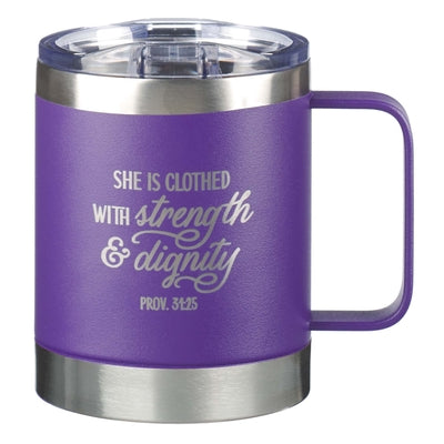 Stainless Steel Travel Mug: She is Clothed With Strength (Proverbs 31:25) Purple (325ml)
