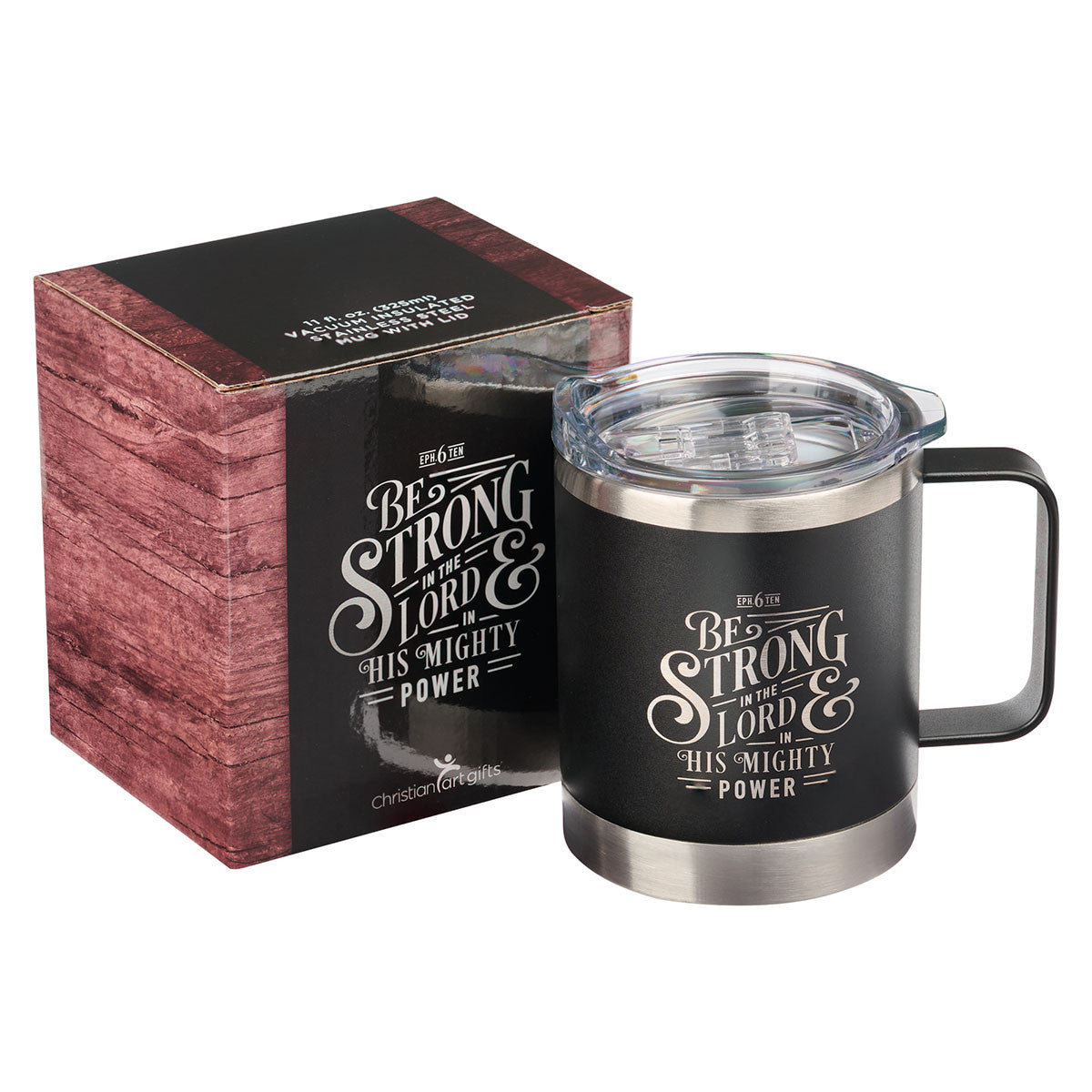 Stainless Steel Travel Mug: Be Strong (Ephesians 6:10) Black (325ml)