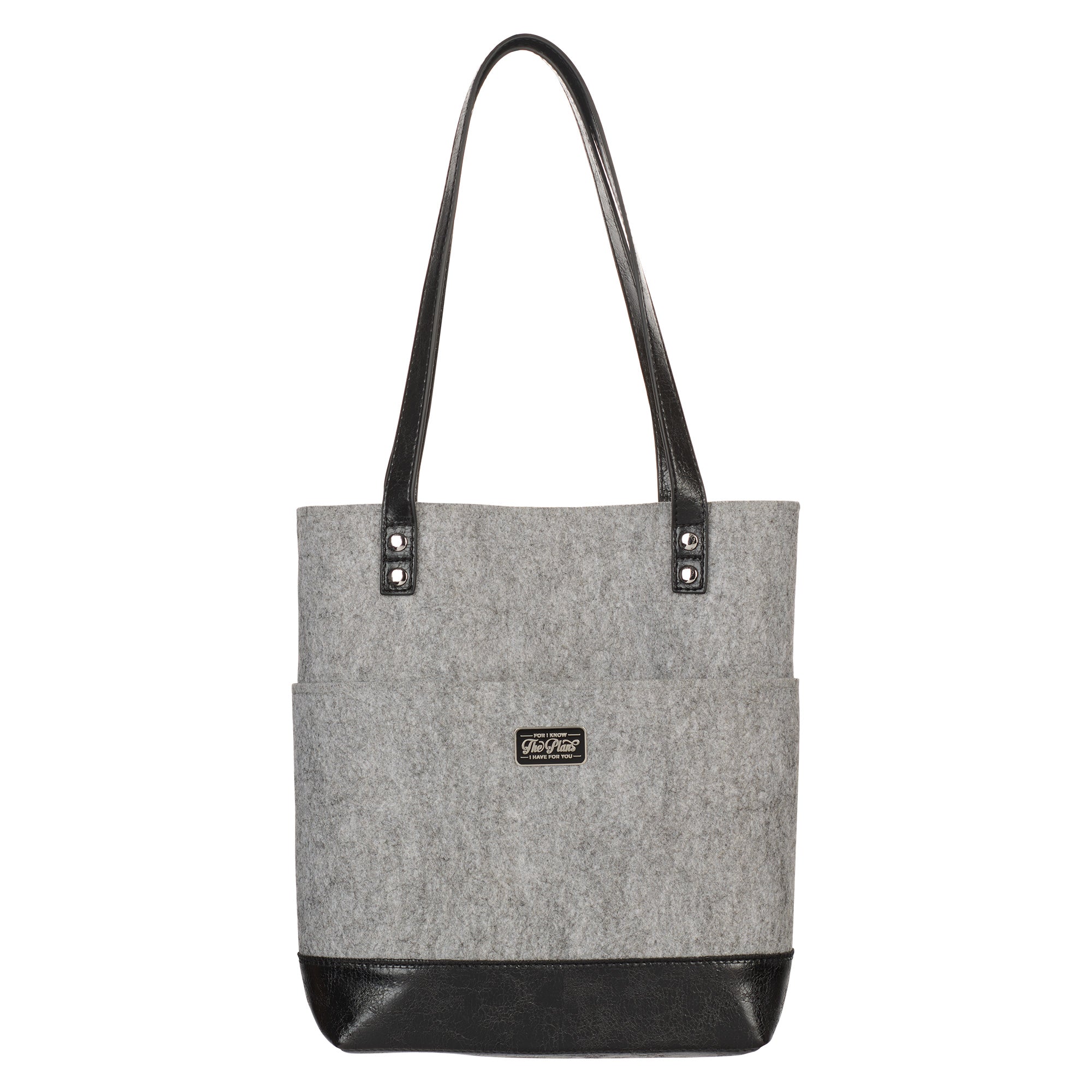 Bible Tote: Gray Felt, Black Faux Leather, Jer. 29.11 Badge
