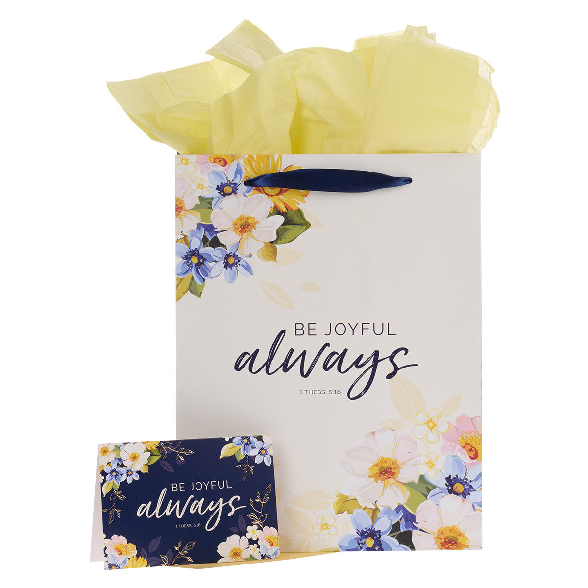 Gift Bag Large Portrait: Be Joyful Always Yellow/Navy (2 Thess 5:16)