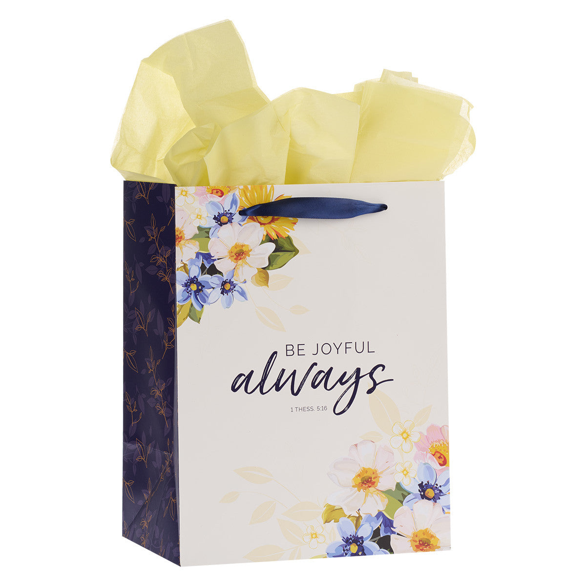 Gift Bag Large Portrait: Be Joyful Always Yellow/Navy (2 Thess 5:16)