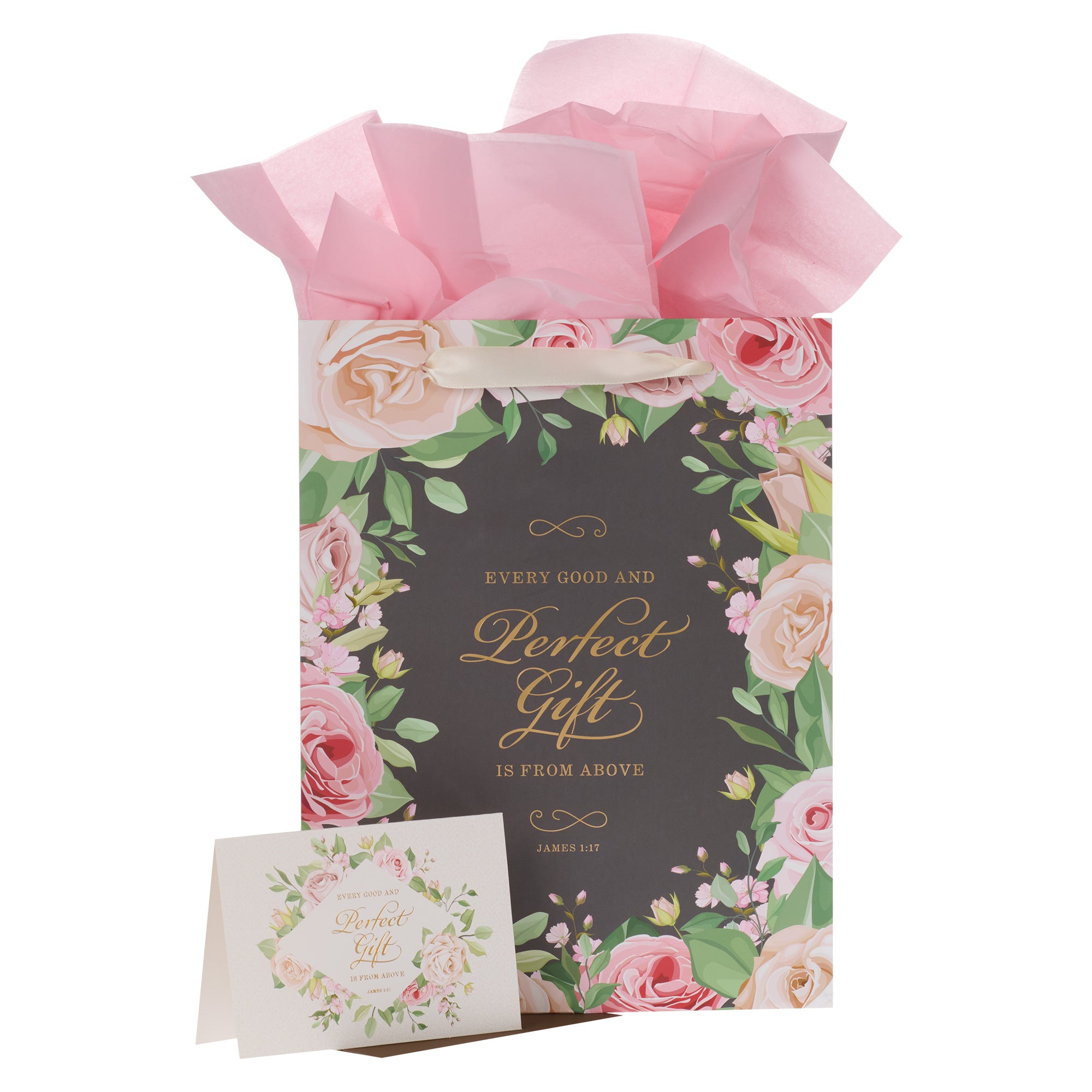 Gift Bag Large Portrait: Every Good and Perfect Gift is From Above Brown/Pink Roses (James 1:17)