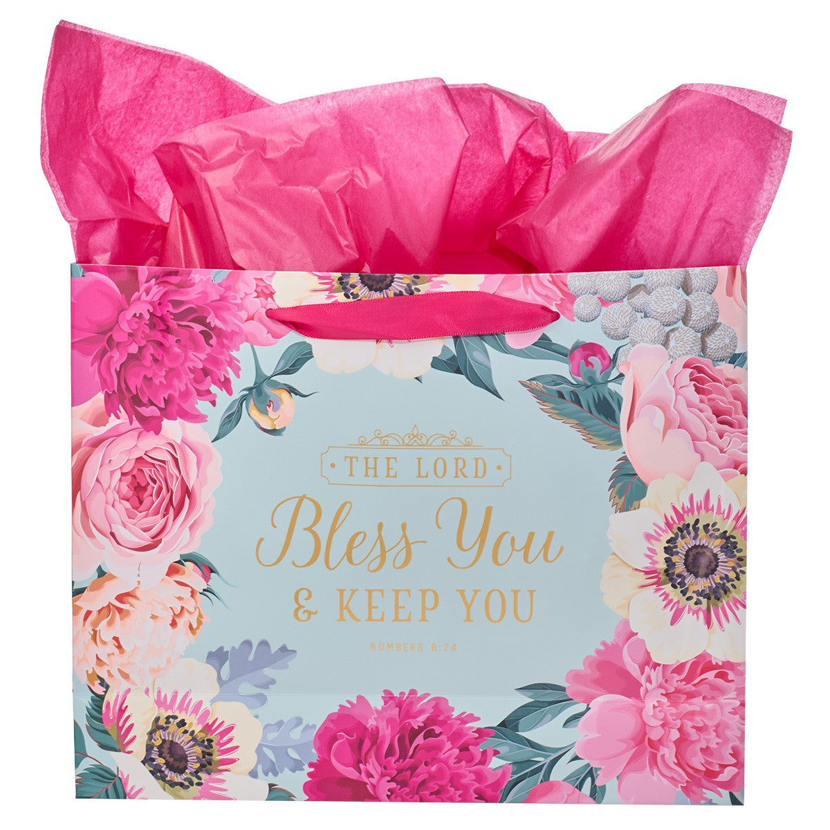 Gift Bag Large Landscape: The Lord Bless You and Keep You Blue/Pink Floral (Numbers 6:24)